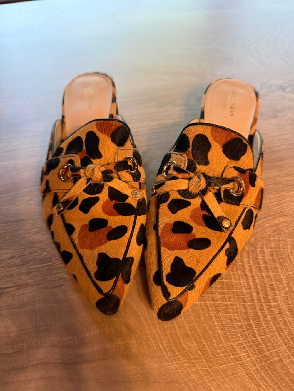 Cole Haan Leopard Print Pointed Mule Slides in Tan and Black